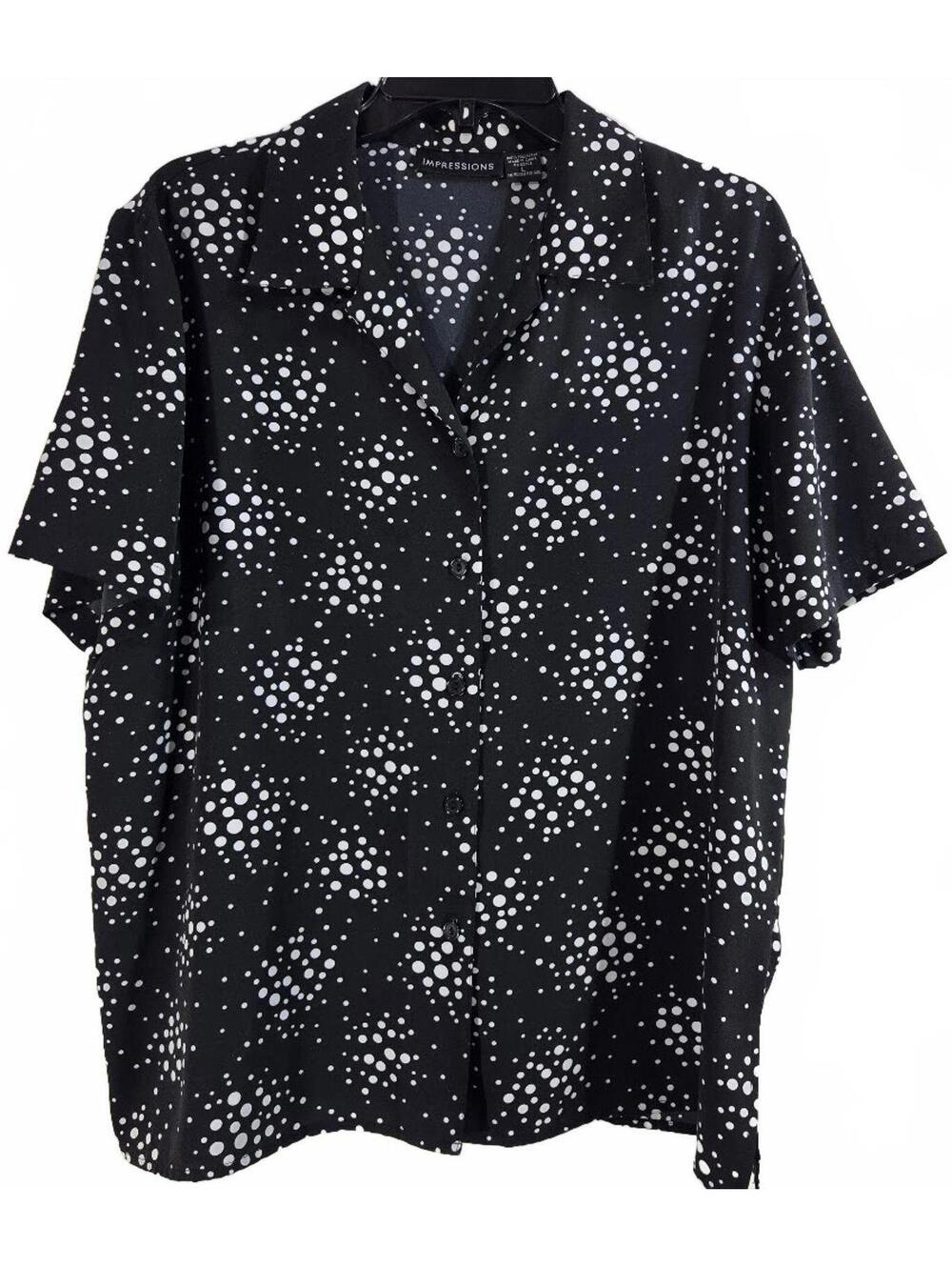 Impressions Black and White Polka Dot Short Sleeve Button-Up Shirt Size L